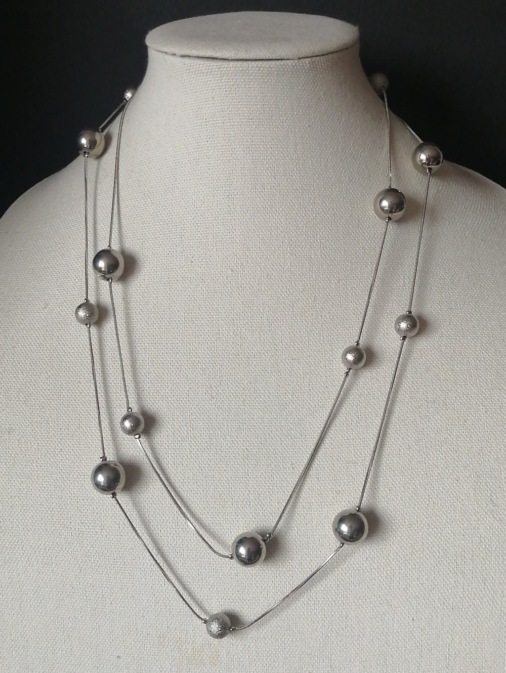 Extra Long Station Silvertone Gray Smooth Textured Beads Necklace